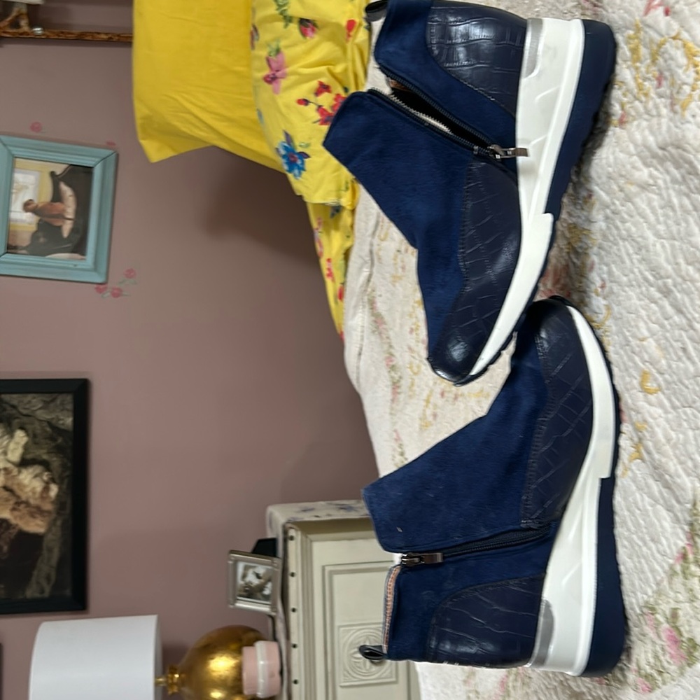 Navy blue vegan suede with faux  crocodile leather detailing around bottom